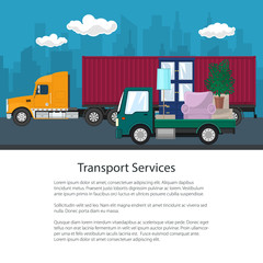 Brochure of Road Transport and Logistics, Cargo Truck and Lorry with Furniture go on the Road, Shipping and Freight of Goods, Flyer Poster Design, Vector Illustration