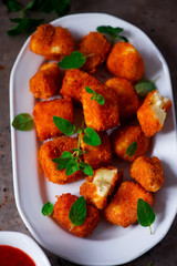 Halloumi Nuggets with Marinara Dipping Sauce.selective focus