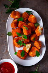 Halloumi Nuggets with Marinara Dipping Sauce.selective focus