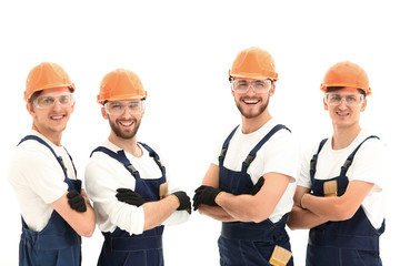 smiling team of construction workers .