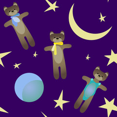 Fototapeta na wymiar Vector seamless background with a picture of a rag-teddy bear with a moon and stars on a dark blue sleeping background