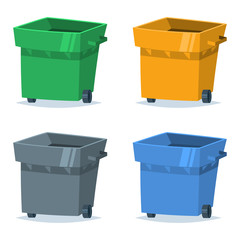 Garbage can set of blue, green, yellow and gray color. Vector illustration of the sorting and recycling of organic, plastic, paper and glass waste and trash.