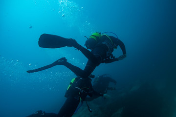 Fototapeta na wymiar three divers in immersion