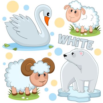 A set of wild and domestic animals and birds of white color for children and design. The image of a swan, a polar bear, a sheep and a ram.