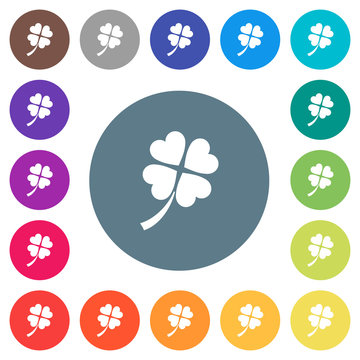 Four leaf clover flat white icons on round color backgrounds