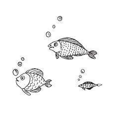 Funny fishes with bubbles, hand drawn doodle black and white sketch, vector illustration