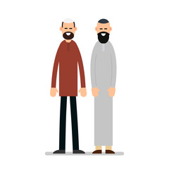 Two muslim arabic people standing together in different suit and traditional clothes. Illustration in flat style on white background. Isolated