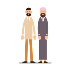 Two muslim arabic people standing together in different suit and traditional clothes. Illustration in flat style on white background. Isolated