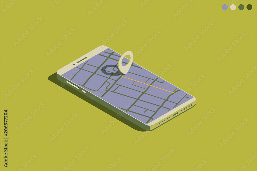 Poster gps map on phone screen. isometric mobile phone with map and route. navigation app. modern phone wit
