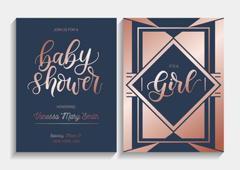 Baby shower cards set with lettering. Modern geometric design with navy blue and  rose gold colors. Elegance invitation for baby shower. Vector illustration. - obrazy, fototapety, plakaty