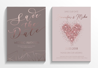 Wedding invitation card set. Modern design template with rose gold glitter heart and lettering. Elegance wedding invitation with geometric elements. Vector illustration..