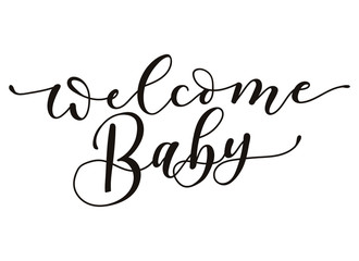 Welcome Baby lettering inscription isolated on white background. Baby shower calligraphy for invitation or greeting card. Vector illustration