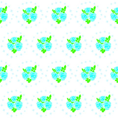 Blue roses and stars seamless background - pattern for continuous replicatein light blue and green colors. Can be used for fabric, wallpaper, printing works.