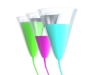 Three glass with color liquid isolated on white 3d illustration