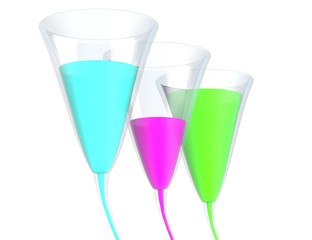 Three glass with color liquid isolated on white 3d illustration