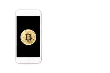 cryptocurrency, virtual currency, ethereum, bitcoin, litecoin, on white Smartphone generic, with space for text or logo, copy space, isolated white