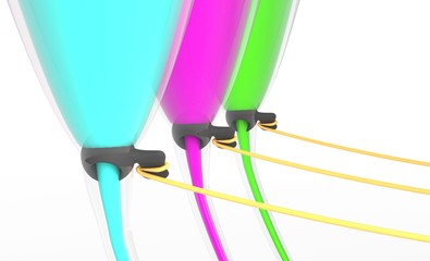 Three glass with color liquid isolated on white 3d illustration