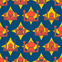 Mosque Islamic pattern seamless.  Ramadan Kareem Greeting Card. Background for Muslim holiday Eid Mubarak. Vector illustration