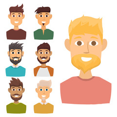 Character of various expressions bearded man face avatar and fashion hipster hairstyle head person with mustache vector illustration.