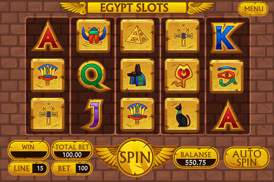 Egyptian background main interface and buttons for casino slot machine game, symbols egypt