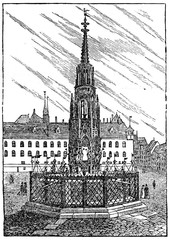 Schöner Brunnen in Nürnberg, Germany (from Das Heller-Magazin, June 14, 1834) 