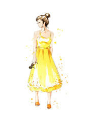 Summer look, girl in a yellow dress. Watercolor fashion illustration