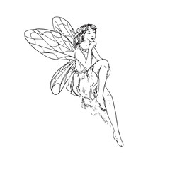 Beautiful young fairy sitting, hand drawn outline doodle sketch, black and white vector illustration