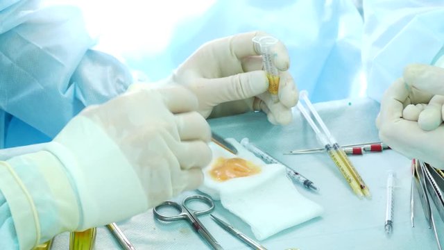 The doctor prepares human fat for injection into the syringe before the operation to rejuvenate the face and transfer fat to the patient's face