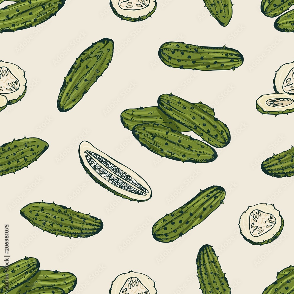 Poster seamless pattern with pickles or pickled cucumbers. backdrop with marinated vegetable, delicious veg