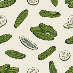Seamless pattern with pickles or pickled cucumbers. Backdrop with marinated vegetable, delicious vegetarian snack. Hand drawn realistic vector illustration for fabric print, wrapping paper, wallpaper.