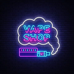 Vape Shop Logo Neon Vector. Vape neon sign design template on theme electronic cigarettes, light banner, night bright advertising for Vaping store, Trendy modern design. Vector Illustration