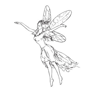 Beautiful young fairy dancing and flying in wind, hand drawn outline doodle sketch, black and white vector illustration