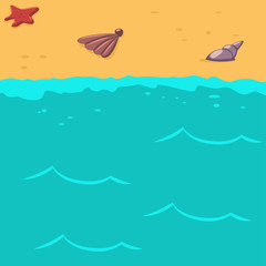 Summer background with beach, sea, starfish and seashell in the sand. Vector cartoon illustration.