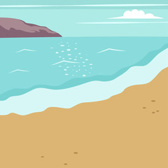 Summer background with beach, sea and mountain. Vector cartoon landscape illustration.