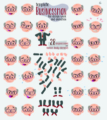 Old businessman with glasses. Twenty eight expressions and basics body elements, template for design work and animation. Vector illustration to Isolated and funny cartoon character.