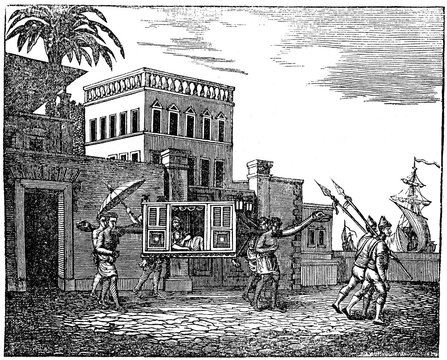 Litter in India - human-powered wheelless vehicle for the transport of persons (from Das Heller-Magazin, June 7, 1834) 