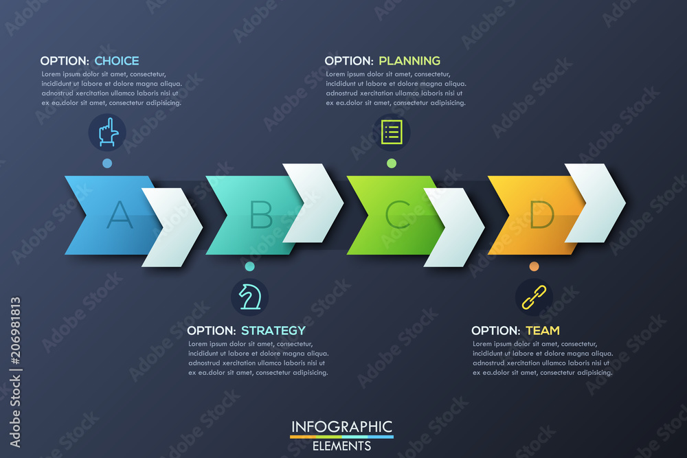 Poster modern infographic design template with 4 right pointing arrows and text boxes