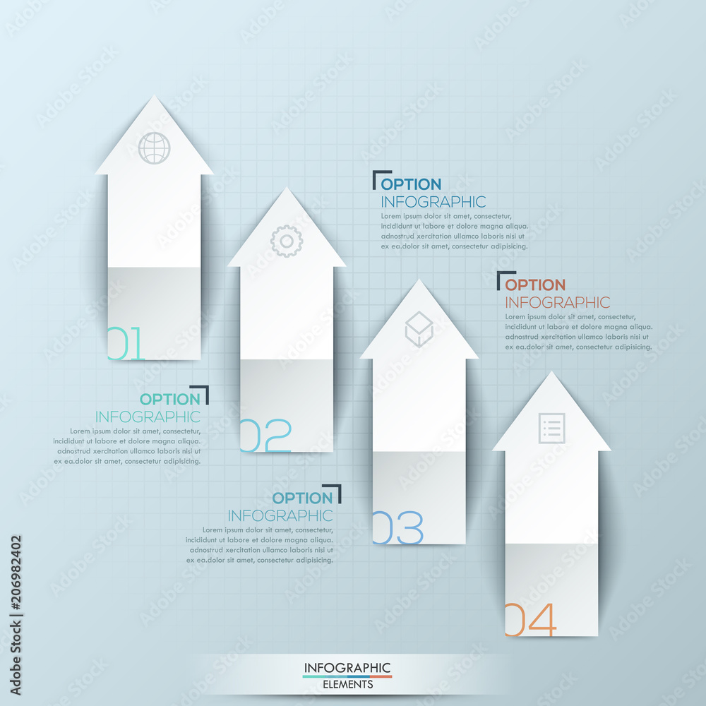 Poster infographic design layout with 4 numbered upward pointing arrows and text boxes