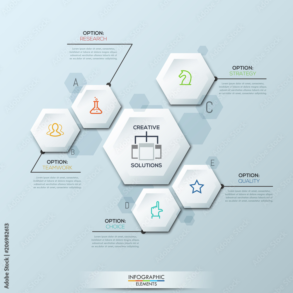 Poster infographic design template with 6 separate white hexagonal elements