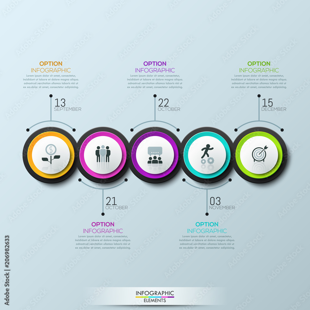 Poster infographic design layout, 5 multicolored circular elements with pictograms