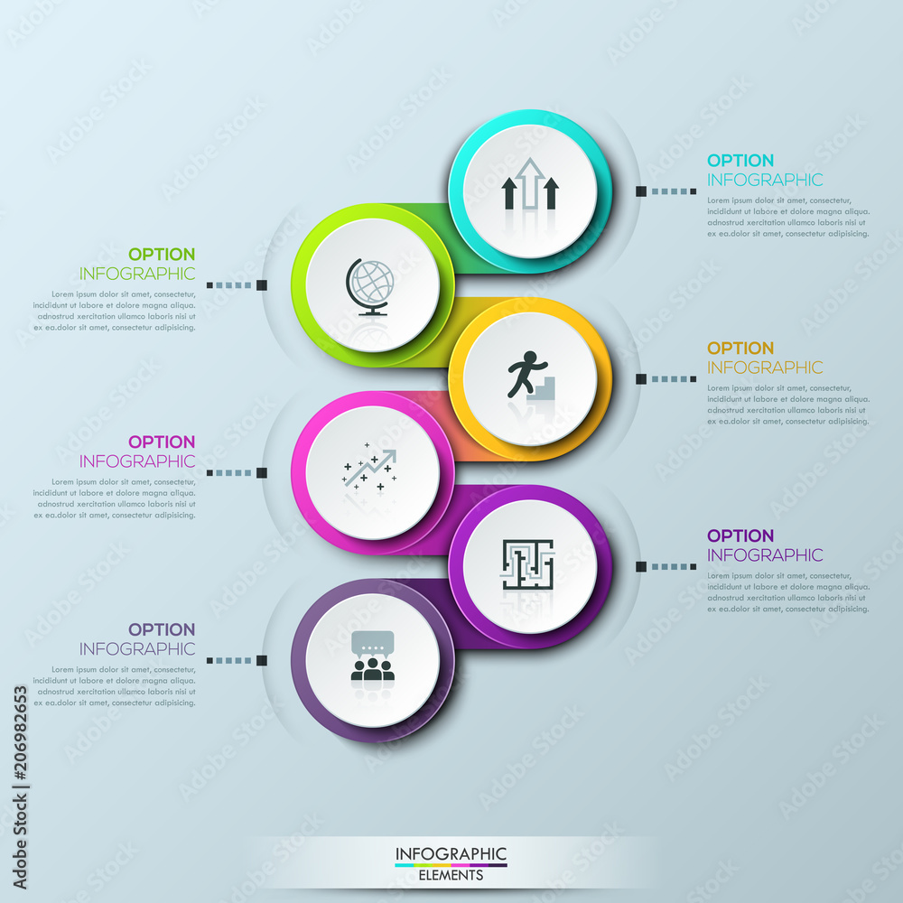 Poster infographic design template with 6 multicolored successively connected circular elements