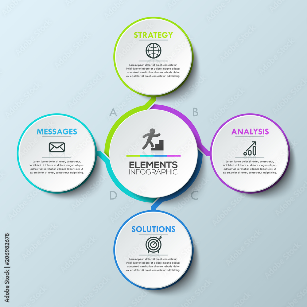 Aufkleber infographic design layout, circular diagram with 4 multicolored lettered elements connected with cen