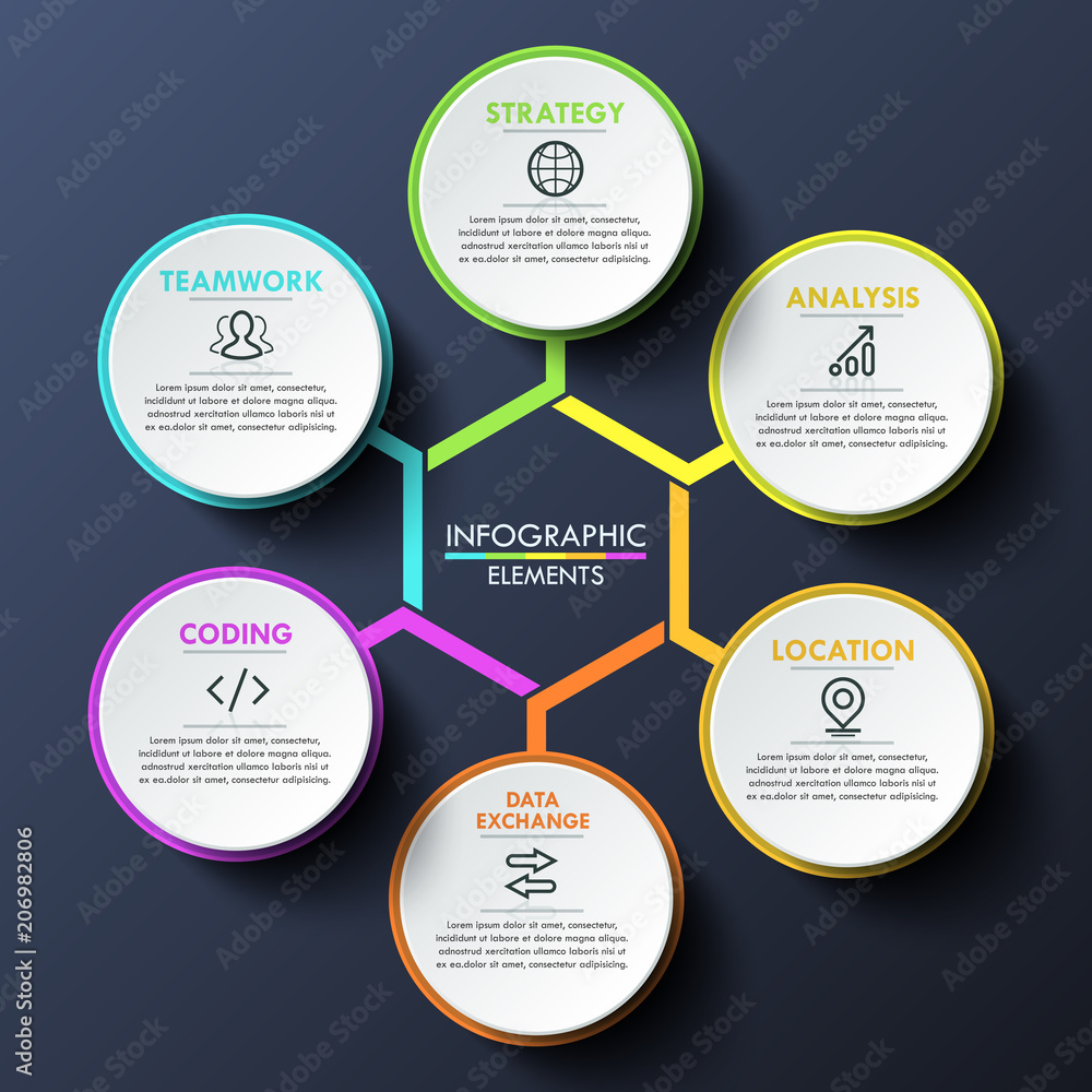 Aufkleber infographic design template, circular chart with 6 multicolored lettered elements connected with cen