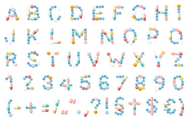 Fototapeta na wymiar Pills font, medical alphabet letters, pharmaceutical typeface. Isolated vector illustration on white background.