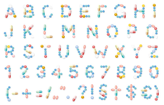 Pills font, medical alphabet letters, pharmaceutical typeface. Isolated vector illustration on white background.