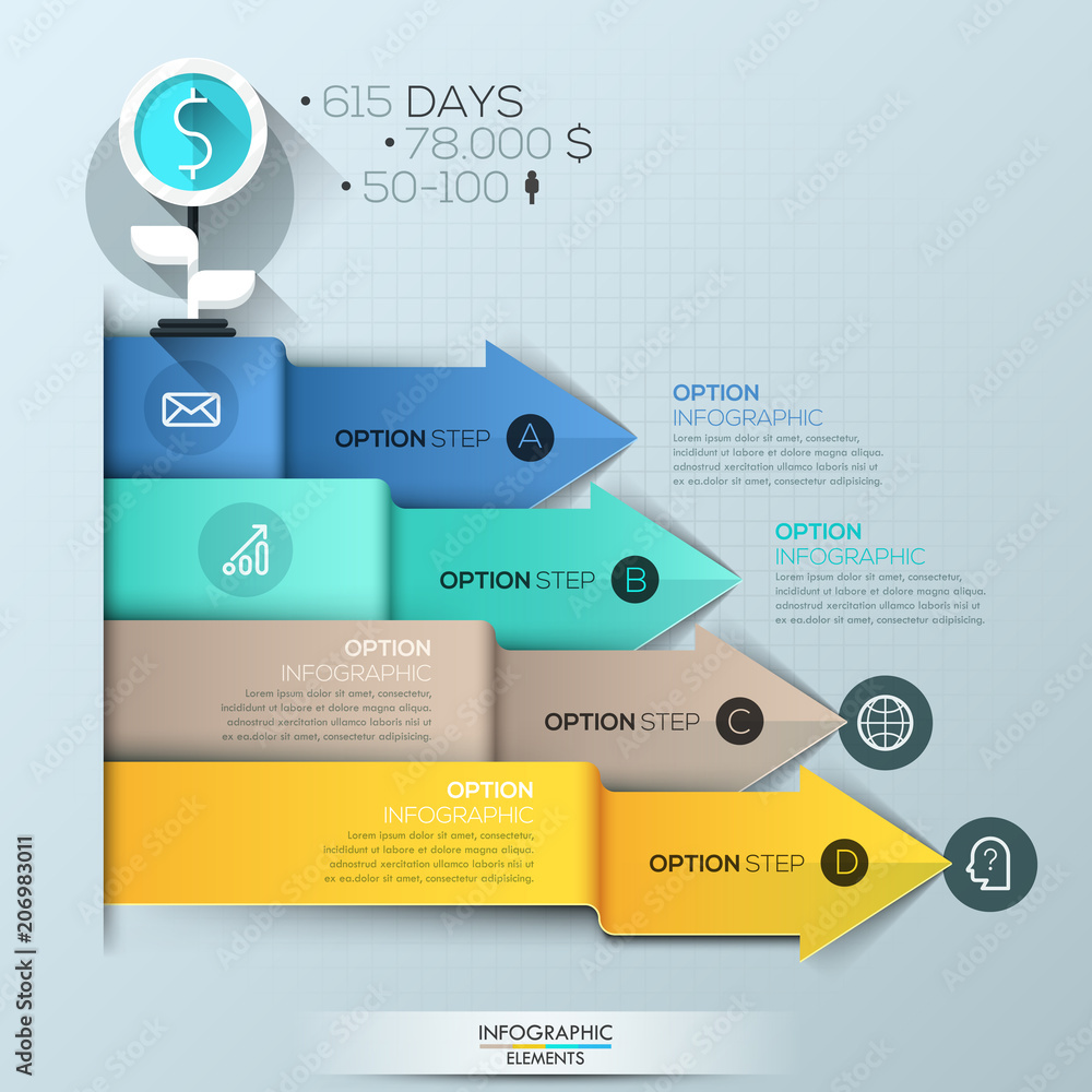 Poster infographic design template, 4 multicolored overlapping arrows pointing