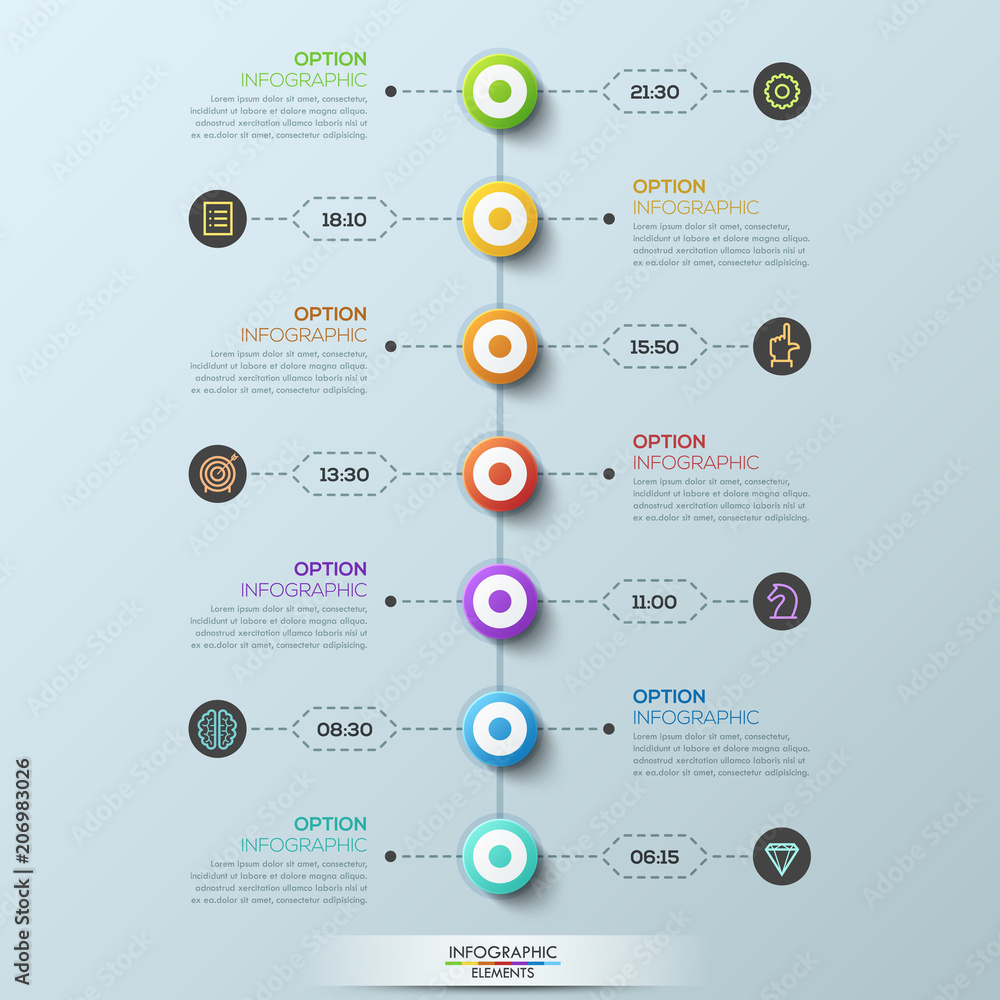 Poster modern infographic design template, 7 circular elements connected with text boxes by dotted lines