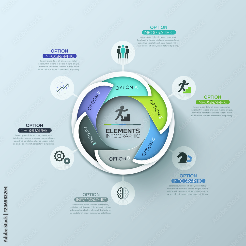 Poster modern circular infographic design layout with 6 lettered overlapping elements