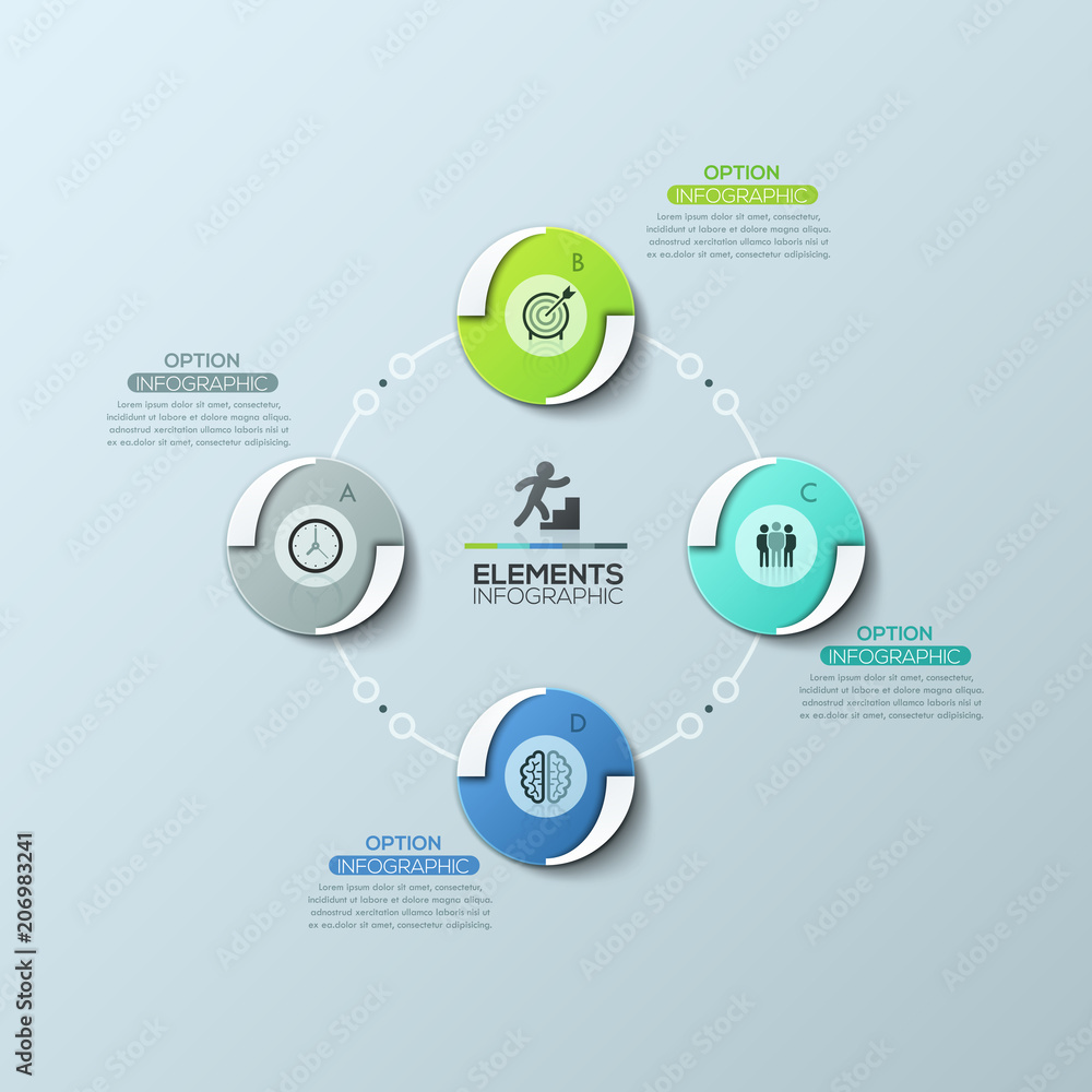 Poster circular diagram with 4 equal round elements connected by lines and text boxes, modern infographic d