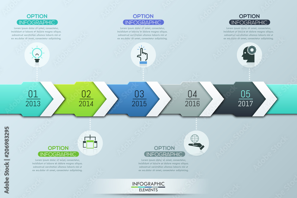 Poster unique infographic design template, 5 multicolored overlapping arrows with year indication
